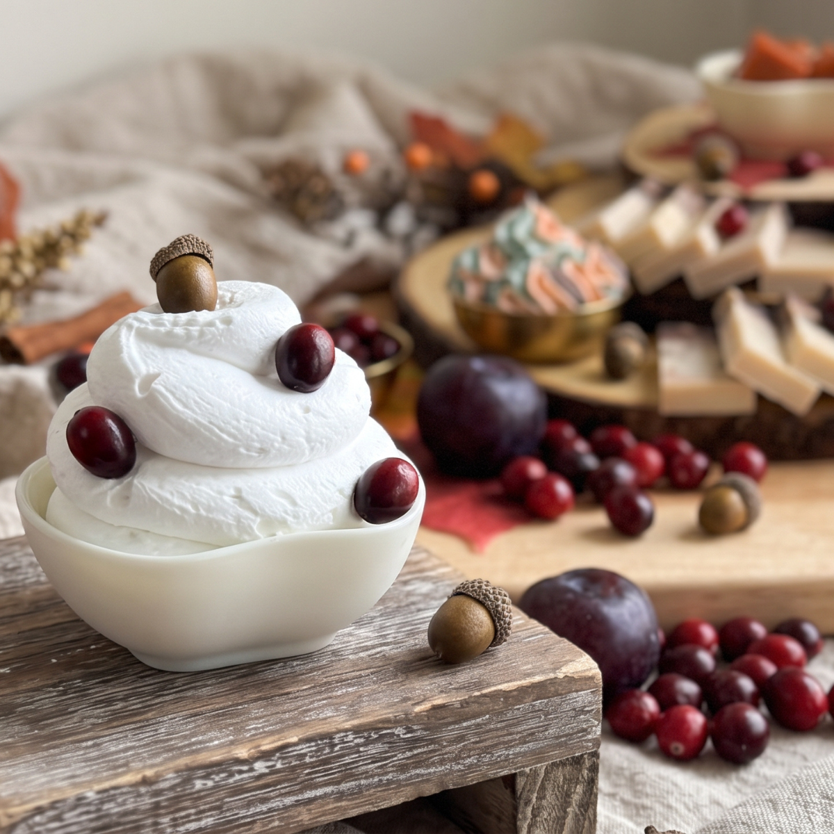 A styled food scene with a white bowl of whipped cream topped with cranberries and acorns in the foreground, surrounded by sliced cheeses, fruit, cranberries, acorns, cinnamon sticks, and draped fabric in an autumn kitchen setting.