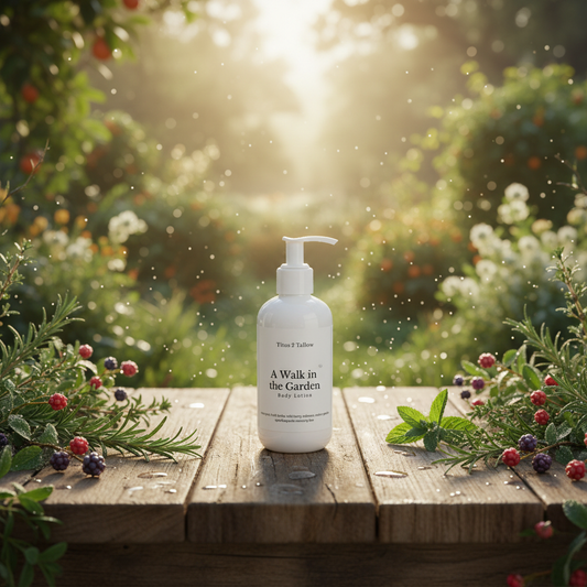 A Walk in the Garden Body Lotion with spring farmhouse background