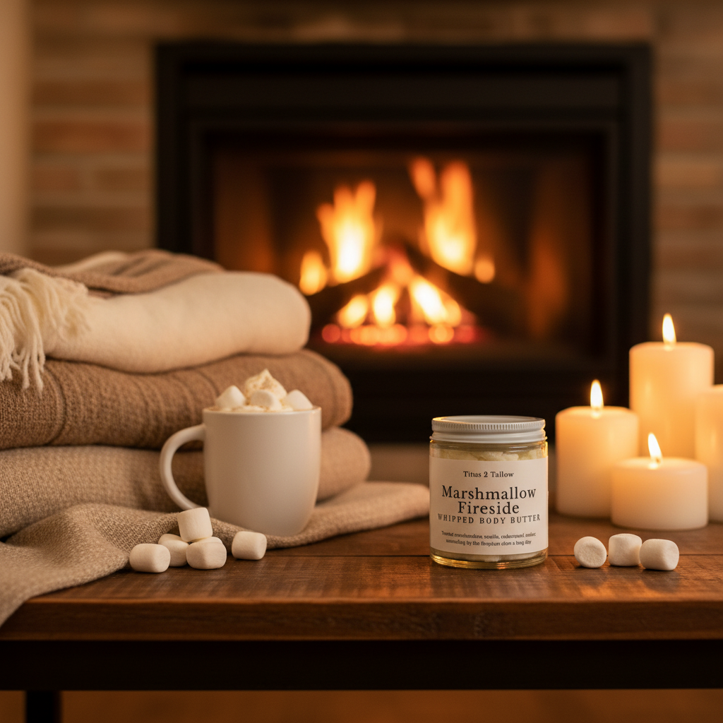 Marshmallow Fireside Whipped Body Butter Lifestyle Background - Enhanced