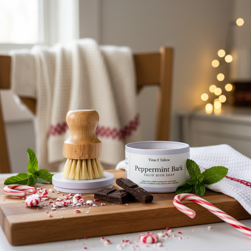 Peppermint Bark Solid Dish Soap + Brush Lifestyle Background
