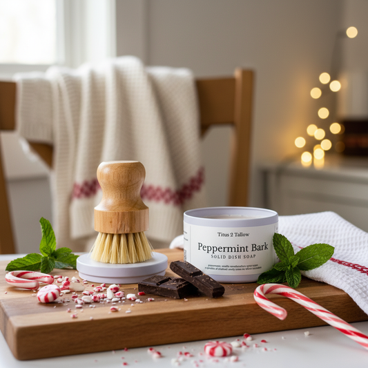 Peppermint Bark Solid Dish Soap + Brush Lifestyle Background