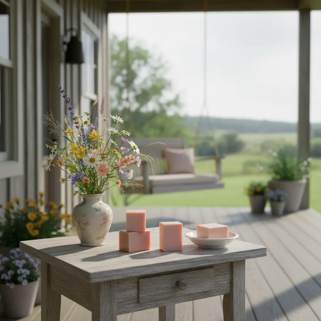 Picking Wildflowers Facial Soap on porch table with spring scene