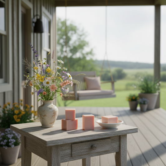 Picking Wildflowers Facial Soap on porch table with spring scene