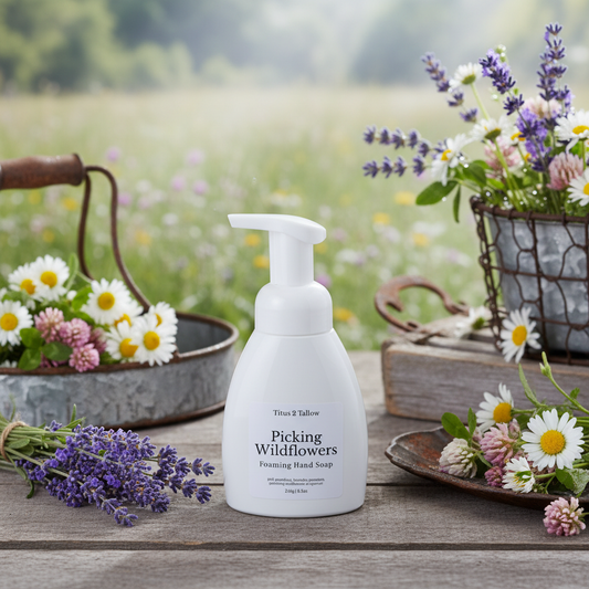 Picking Wildflowers Foaming Hand Soap with spring farmhouse background