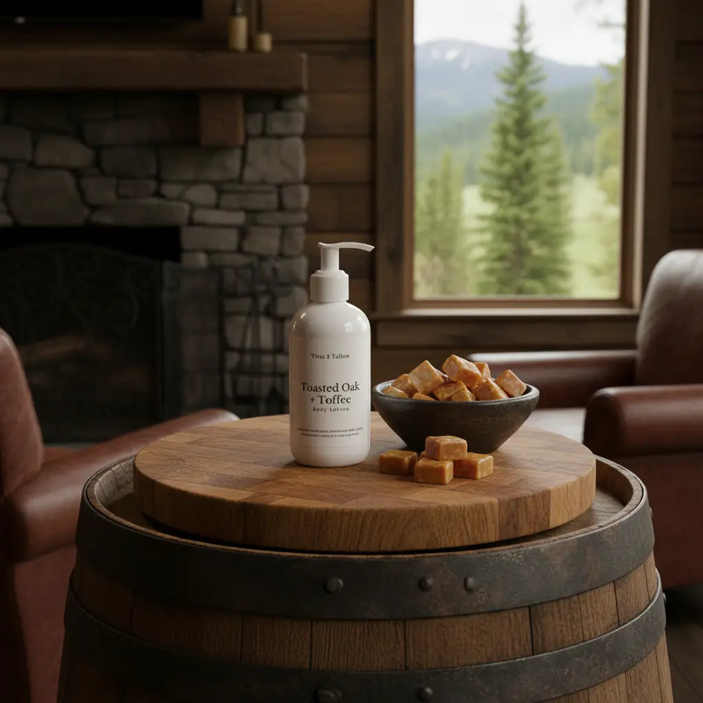 Toasted Oak + Toffee Body Lotion on Oak Barrel