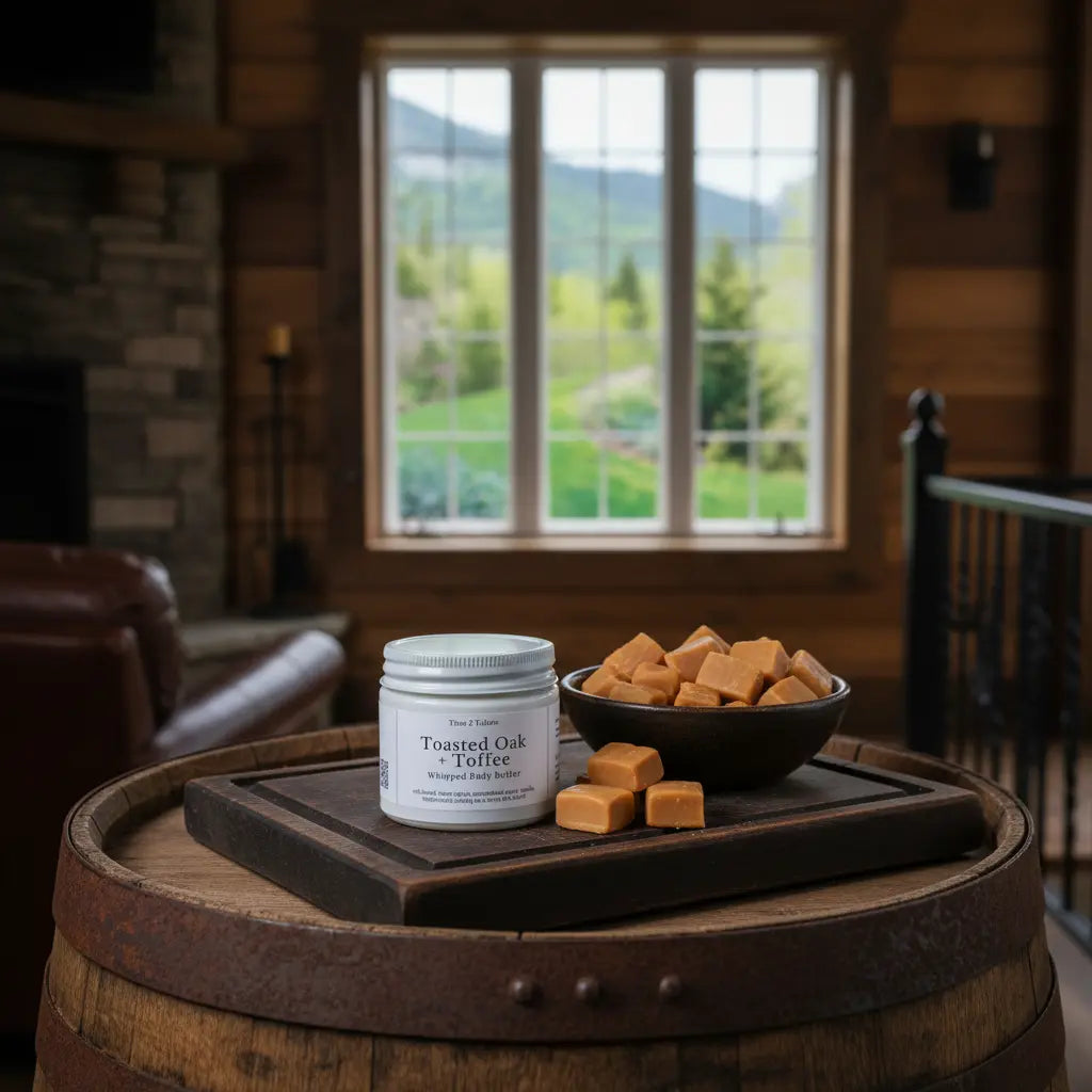 Toasted Oak + Toffee Whipped Body Butter on Oak Barrel